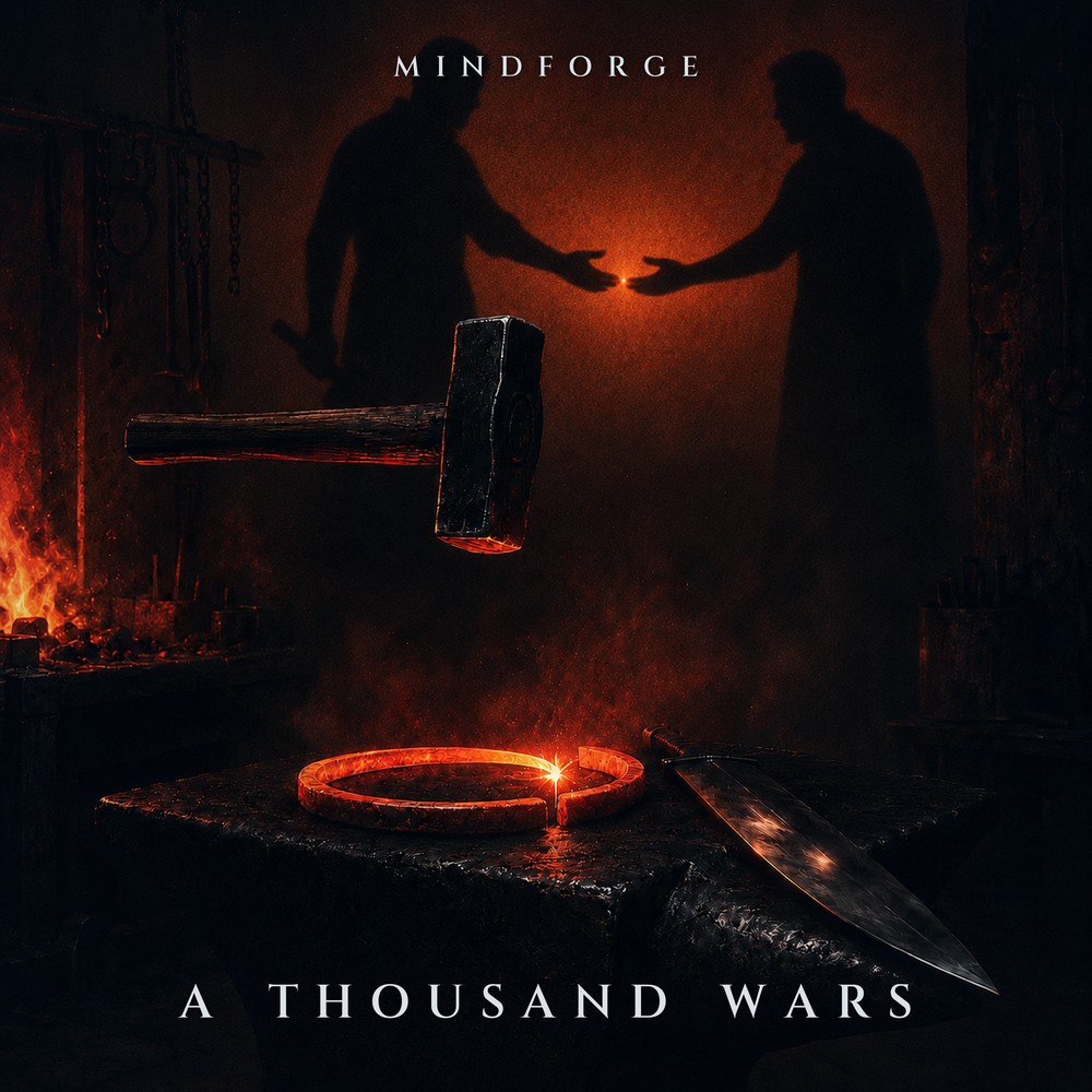 A Thousand Wars — a glowing steel ring on an anvil, one spark bridging its gap, two shadows reaching toward each other