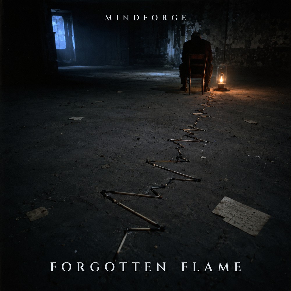Forgotten Flame — a heartbeat line of burnt matches across a dark floor, leading to a small sheltered flame