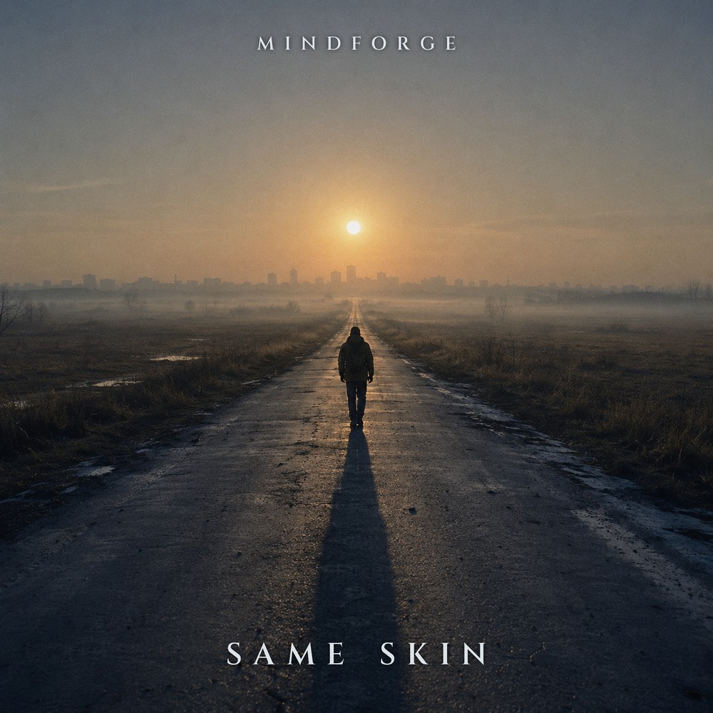Same Skin — a man walking an empty morning road toward the city, the risen sun whole above the skyline, one long shadow