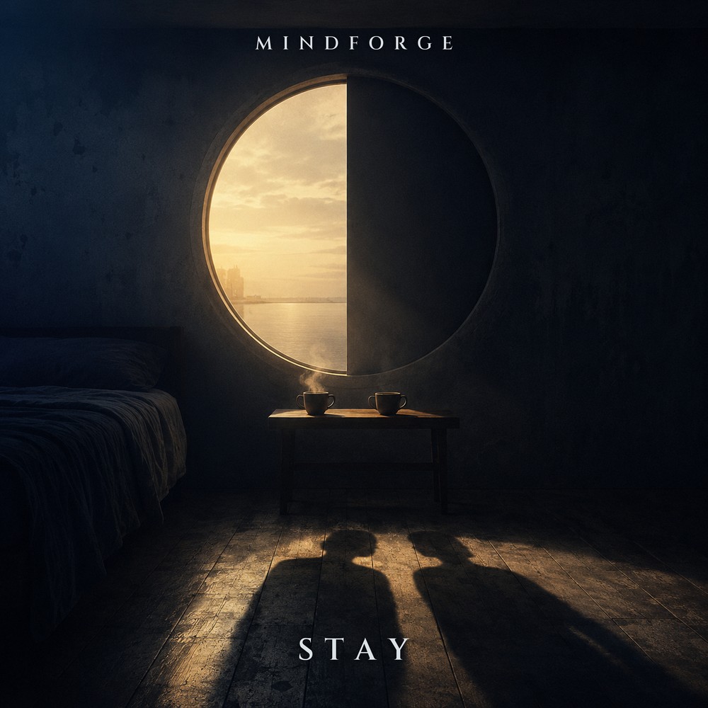 Stay — a half-lit round window at dawn, two cups on a small table, two shadows resting side by side